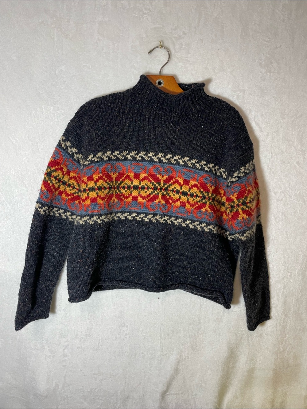 VTG Newton Trading Co Lambswool  Dark Gray Turtleneck Sweater Fair Isle Band